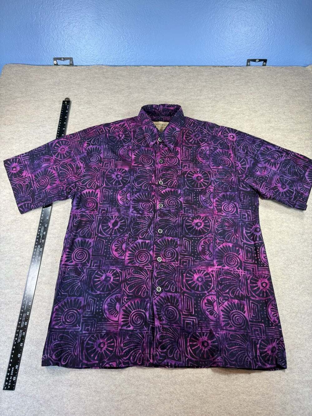 Johari West Natural Leisure Wear Mens L Purple Batik Button Down Shirt Cotton